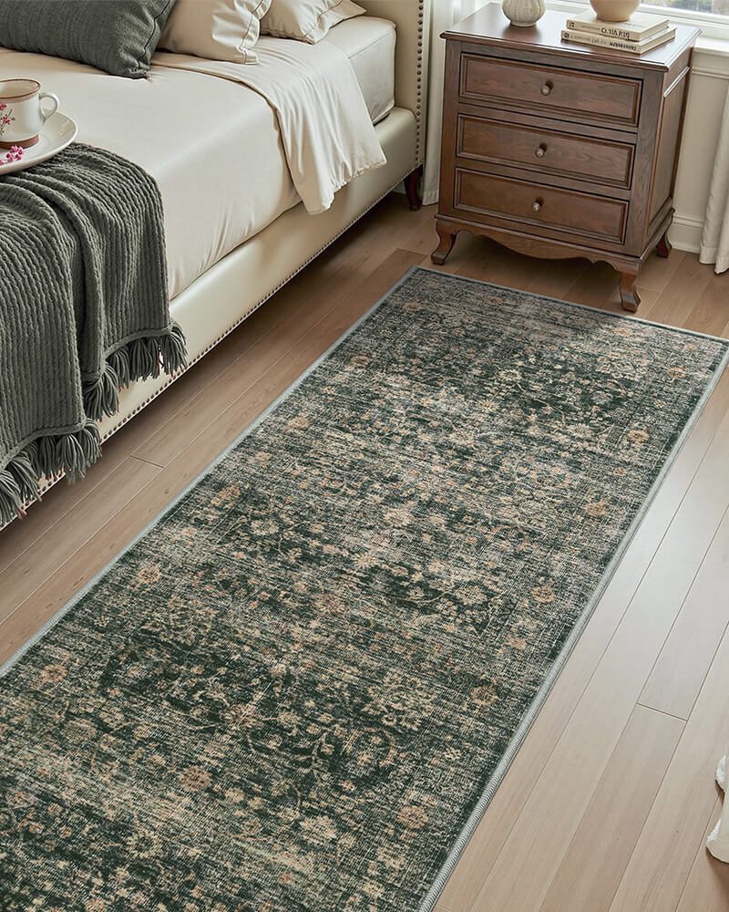 Aster-Washable-Area-Rug-Runner-Green-in-Bedroom