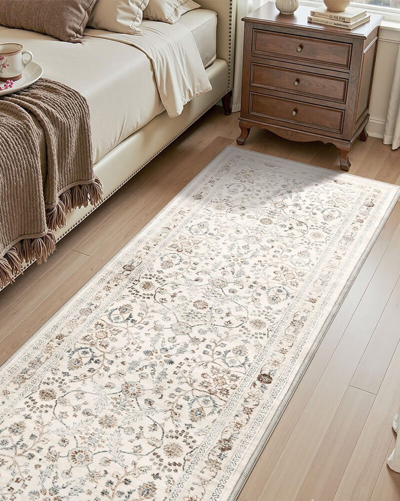 Aster_Washable_Area_Rug_Runner_Beige_in_Bedroom
