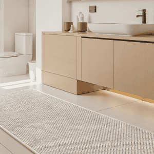 Absorbent chenille bathroom mat that helps reduce water buildup near the shower