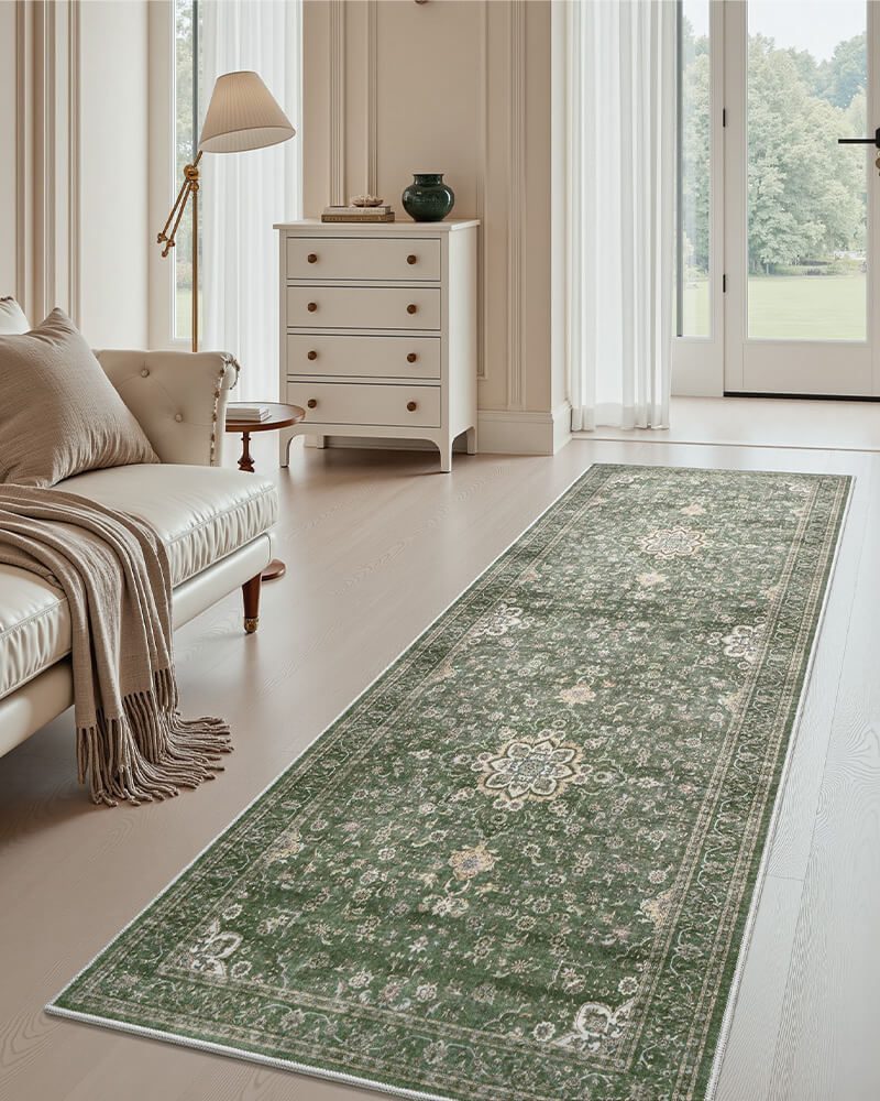 antheia-washable-area-rug-runner-green-in-hallway
