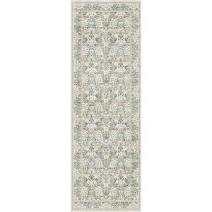 This vintage floral area rug creates a warm layered look in the family living room while offering a soft surface for everyday lounging.