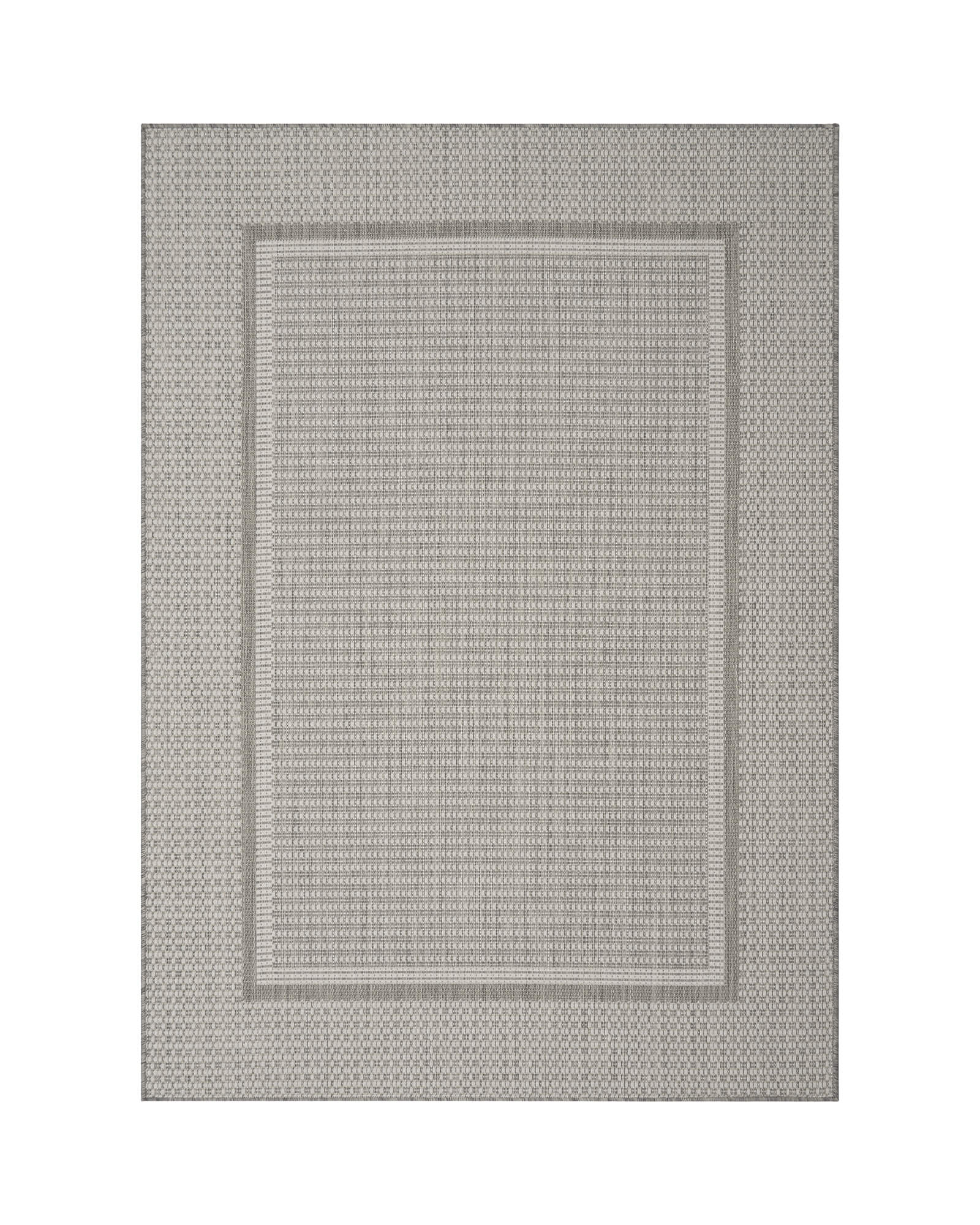 gray-woven-indoor-outdoor-rug-with-border-design A gray woven indoor outdoor rug features a durable jute-look texture and subtle border design, adding easy-care style to patios, porches, sunrooms, dining areas, and high-traffic living spaces.