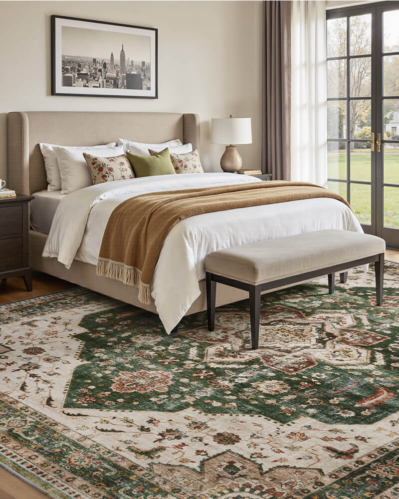 harmonia-washable-area-rug-green-in-bedroom