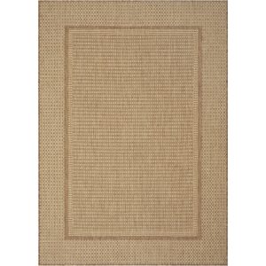 A natural woven indoor outdoor rug features a jute-look texture and subtle border design, adding durable easy-care style to patios, porches, sunrooms, dining areas, and everyday living spaces.