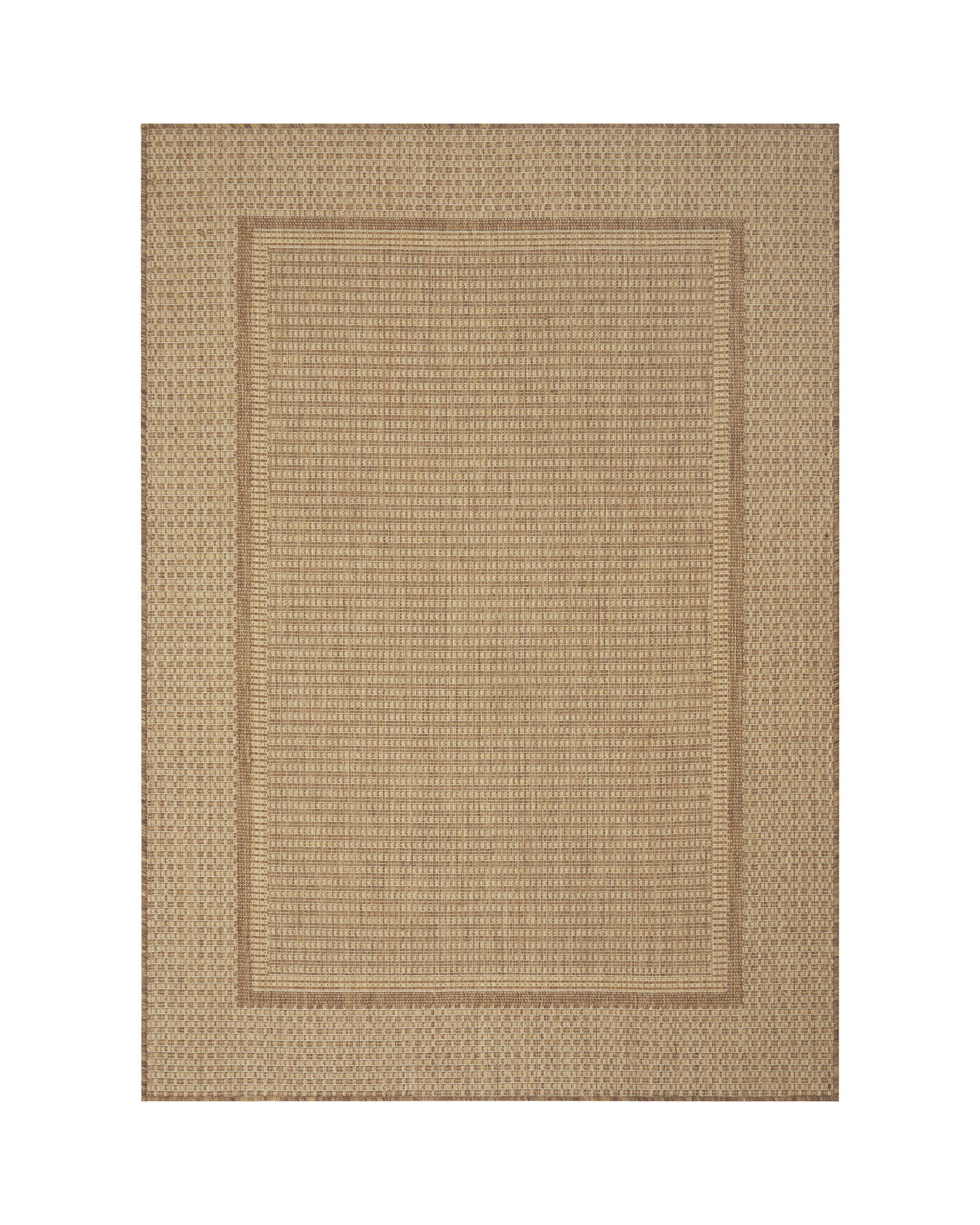 natural-woven-indoor-outdoor-rug-with-border-design A natural woven indoor outdoor rug features a jute-look texture and subtle border design, adding durable easy-care style to patios, porches, sunrooms, dining areas, and everyday living spaces.