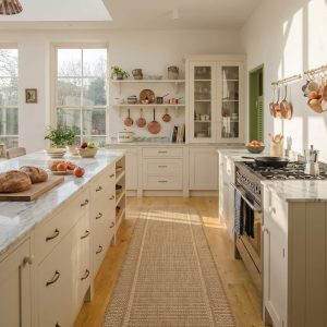 A natural woven indoor outdoor runner rug adds durable jute-look texture and easy-care style to a bright kitchen with wood floors, cream cabinets, and warm natural light.