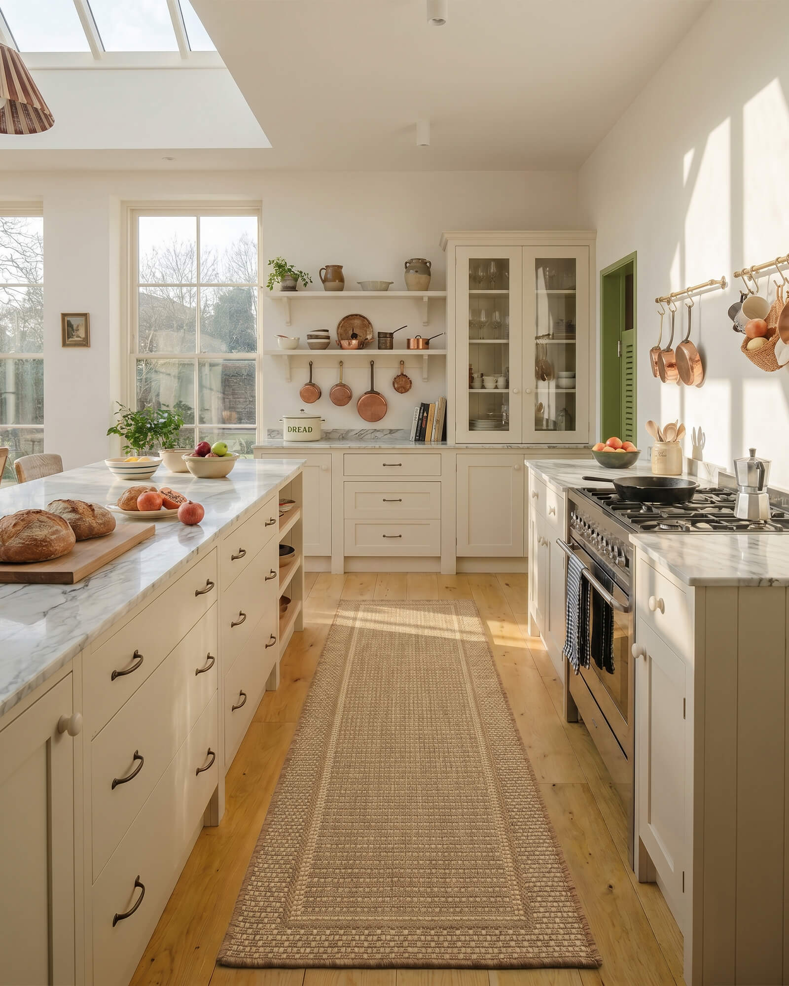 natural-woven-indoor-outdoor-runner-rug-for-bright-kitchen A natural woven indoor outdoor runner rug adds durable jute-look texture and easy-care style to a bright kitchen with wood floors, cream cabinets, and warm natural light.