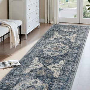 Thin boho area rug runner with non slip backing for family friendly spaces
