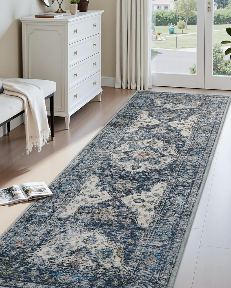 soft-fabric-living-room-rug-no-shed-easy-clean-montvoorugs Thin boho area rug runner with non slip backing for family friendly spaces