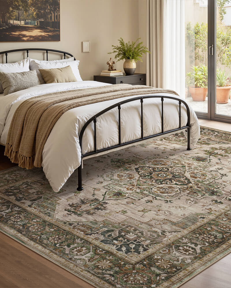 sylva-washable-area-rug-green-in-bedroom