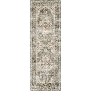 Green vintage runenr rug for busy home, machine washable material, soft and durable.