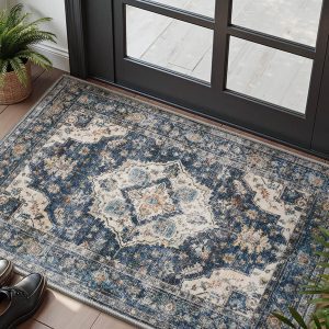 Vintage area rug with washable surface and non slip backing for living rooms